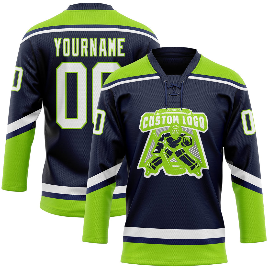 Custom Navy White-Neon Green Hockey Lace Neck Jersey