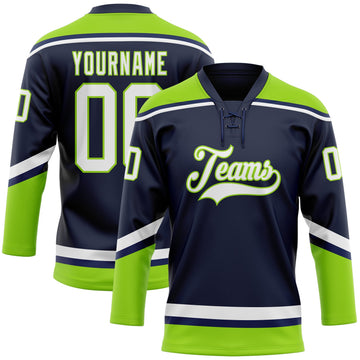 Custom Navy White-Neon Green Hockey Lace Neck Jersey