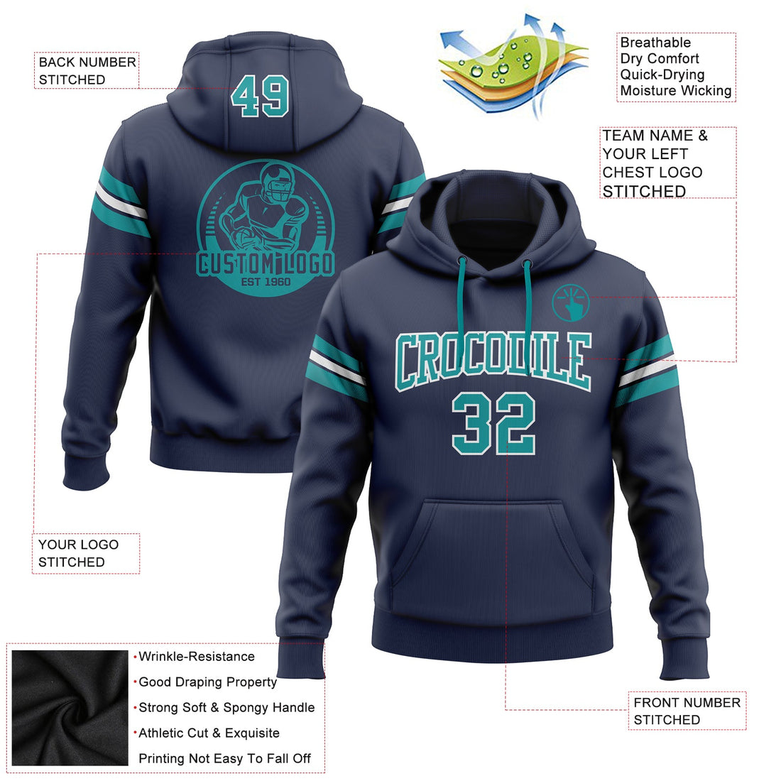 Custom Stitched Navy Teal-White Football Pullover Sweatshirt Hoodie