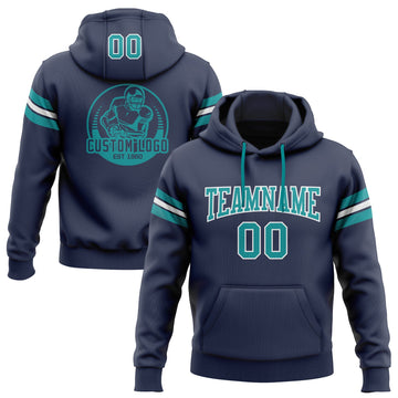 Custom Stitched Navy Teal-White Football Pullover Sweatshirt Hoodie