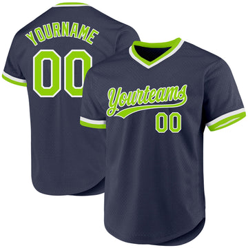 Custom Navy Neon Green-White Authentic Throwback Baseball Jersey