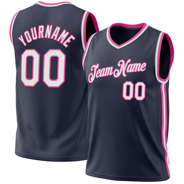 Custom Navy White-Pink Authentic Throwback Basketball Jersey