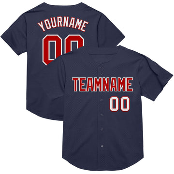 Custom Navy Red-White Mesh Authentic Throwback Baseball Jersey