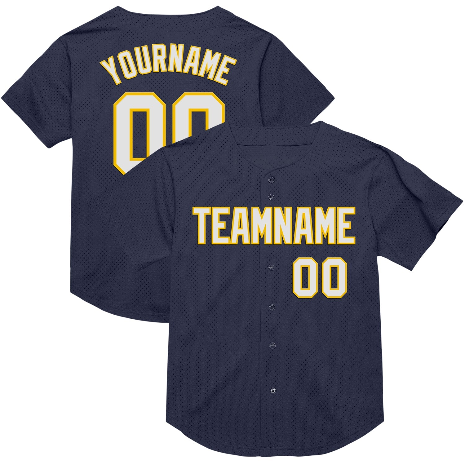 Custom Navy White-Yellow Mesh Authentic Throwback Baseball Jersey