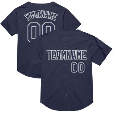 Custom Navy White-Gray Mesh Authentic Throwback Baseball Jersey