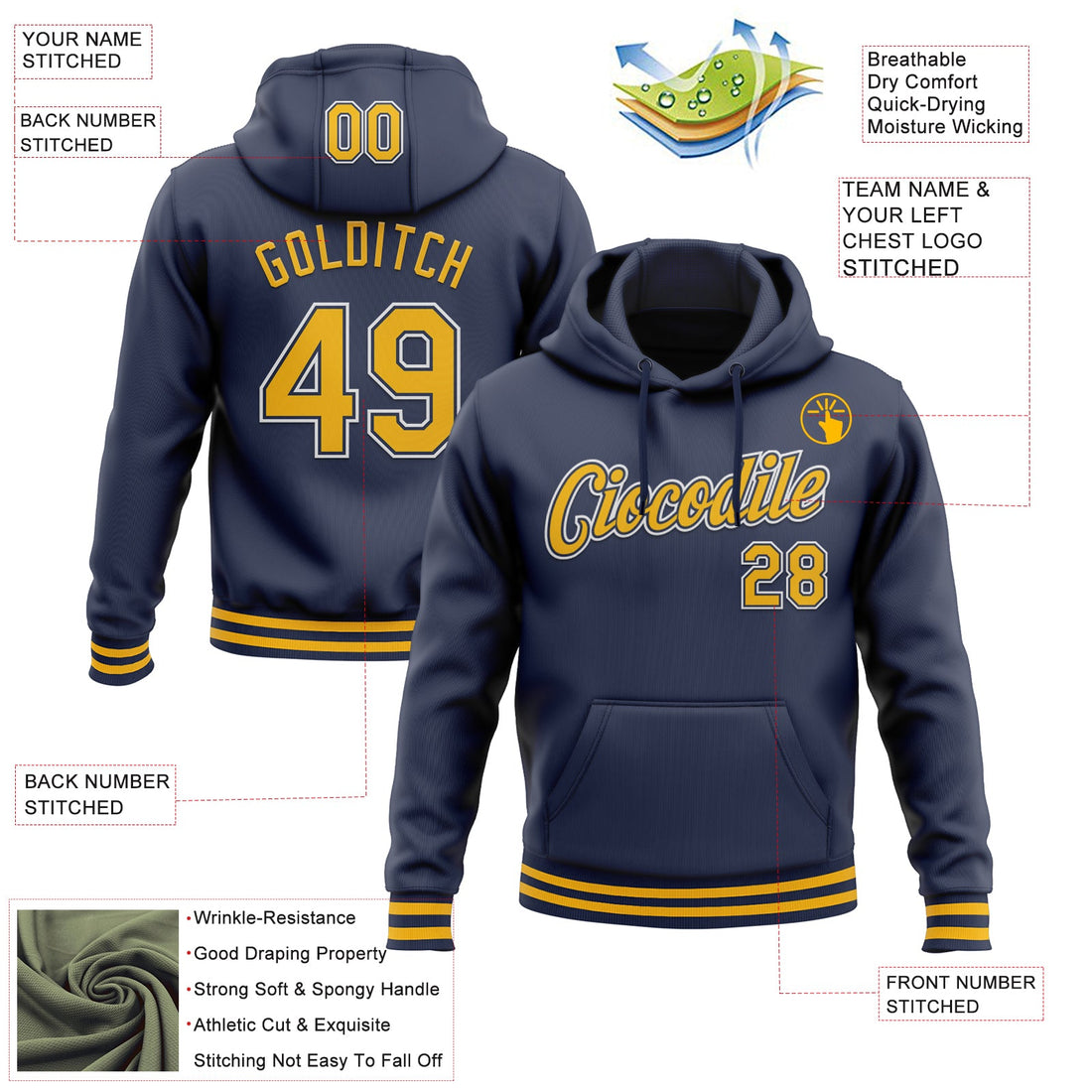 Custom Stitched Navy Gold-White Sports Pullover Sweatshirt Hoodie