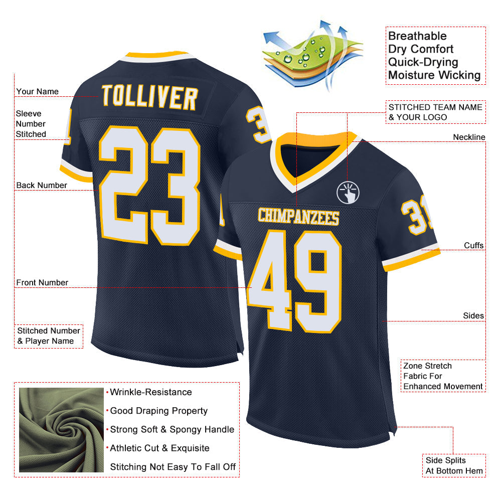 Custom Navy White-Gold Mesh Authentic Throwback Football Jersey