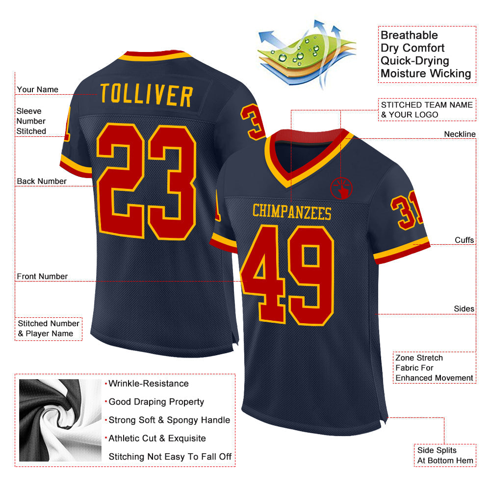 Custom Navy Red-Gold Mesh Authentic Throwback Football Jersey