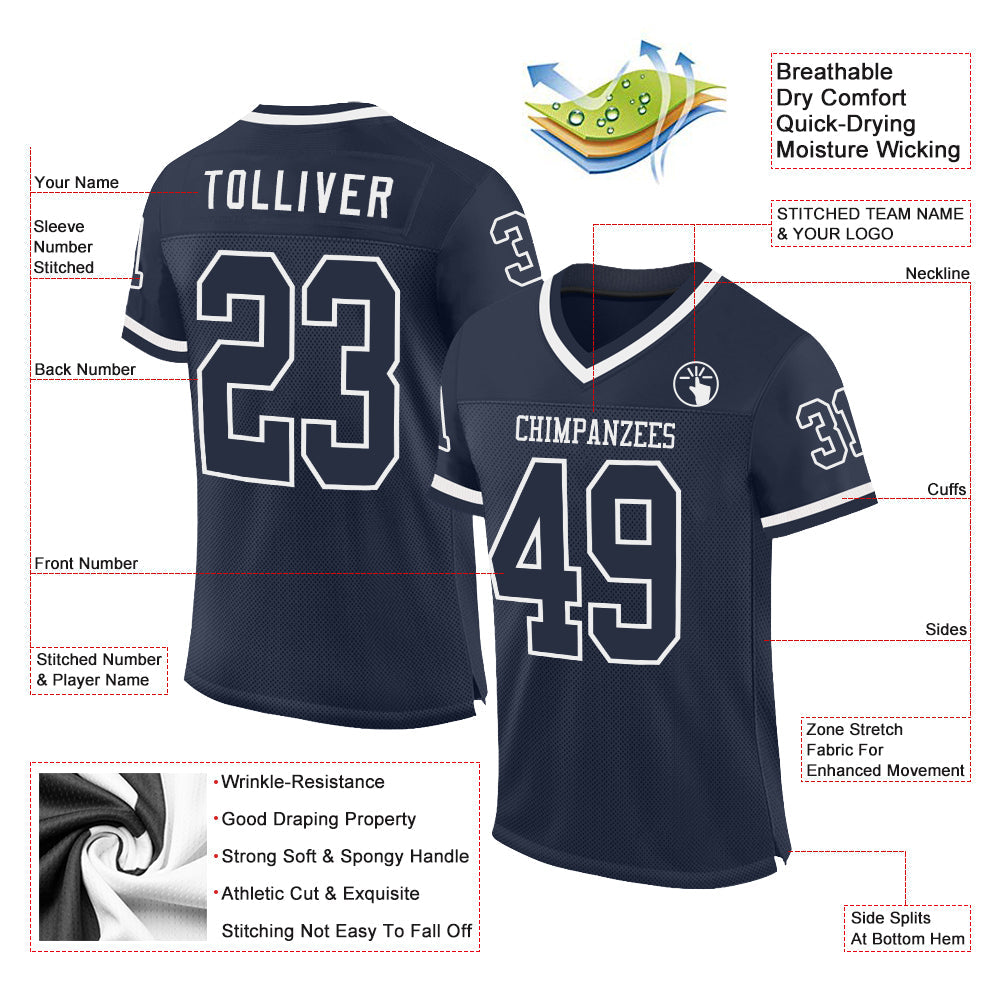 Custom Navy White Mesh Authentic Throwback Football Jersey