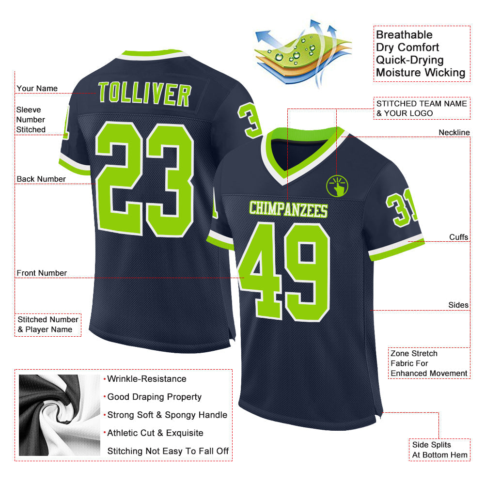 Custom Navy Neon Green-White Mesh Authentic Throwback Football Jersey