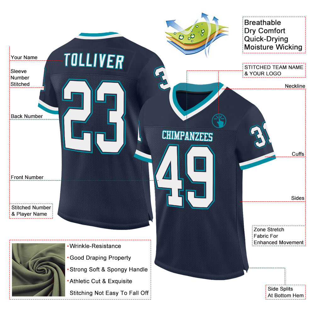 Custom Navy White-Teal Mesh Authentic Throwback Football Jersey