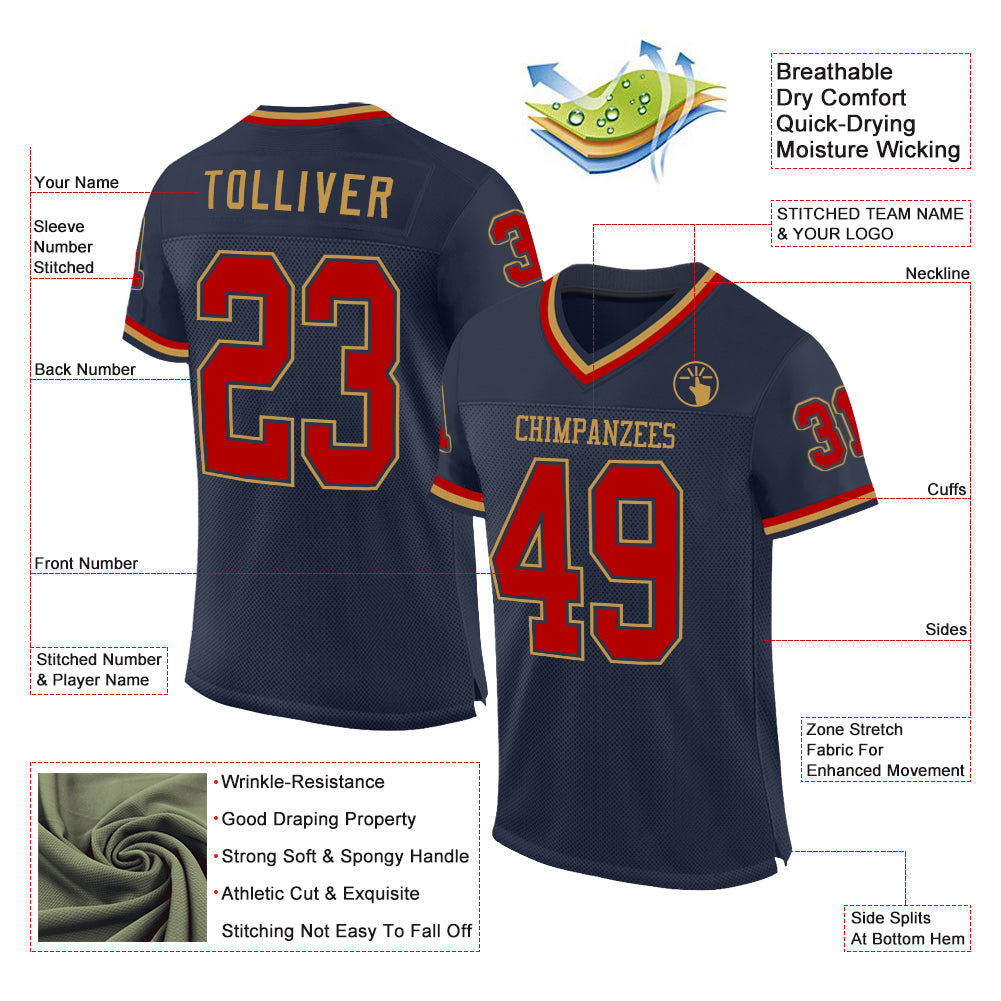 Custom Navy Red-Old Gold Mesh Authentic Throwback Football Jersey