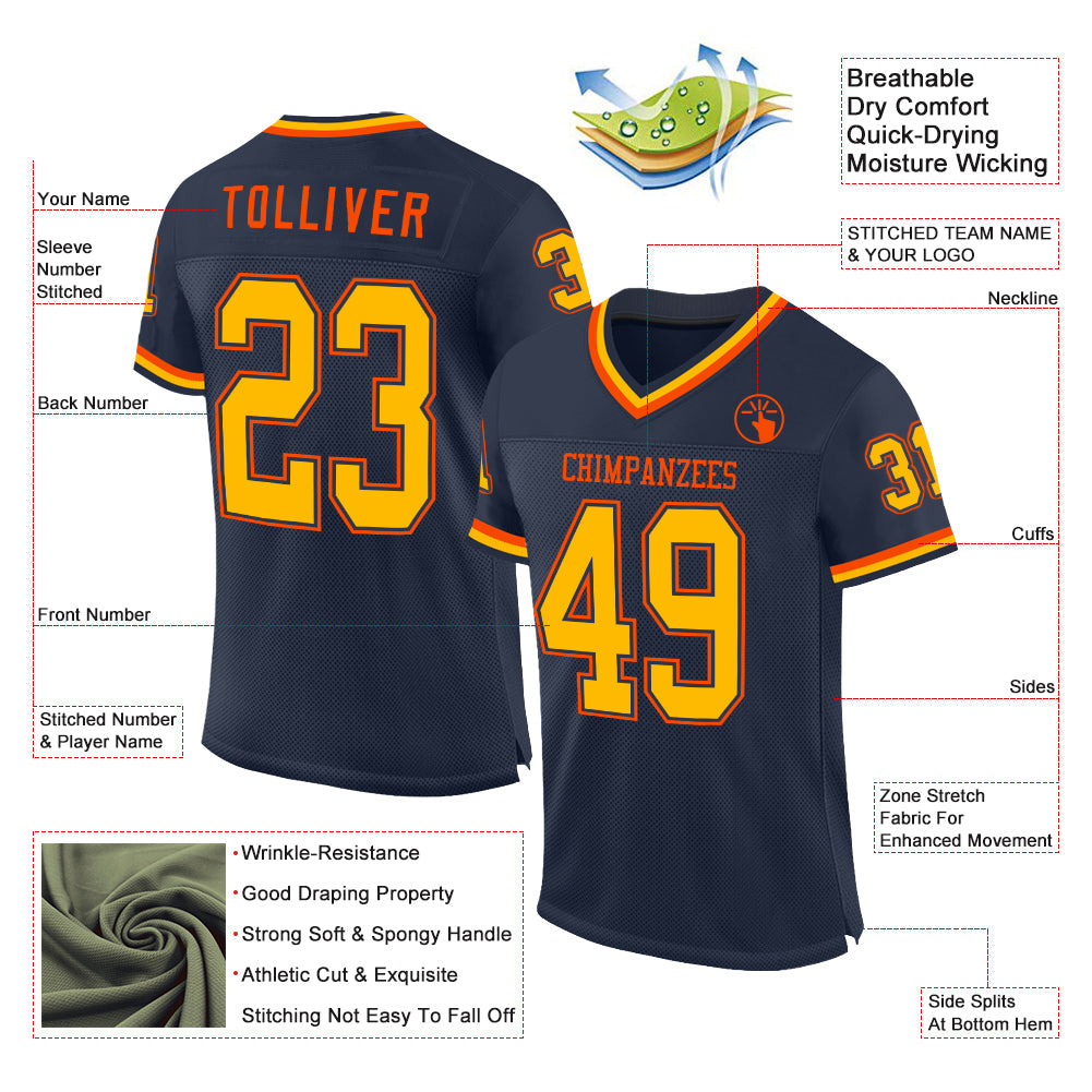 Custom Navy Gold-Orange Mesh Authentic Throwback Football Jersey