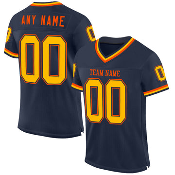 Custom Navy Gold-Orange Mesh Authentic Throwback Football Jersey