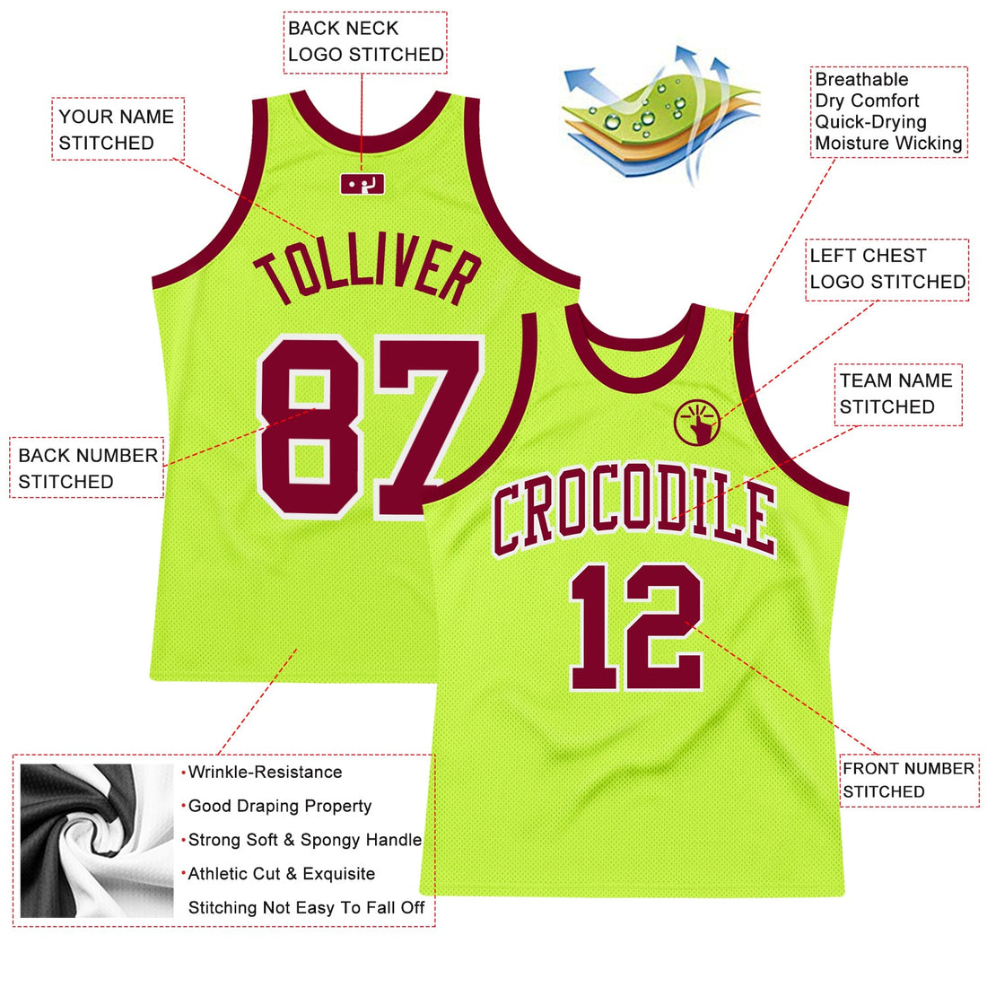 Custom Neon Green Maroon-White Authentic Throwback Basketball Jersey