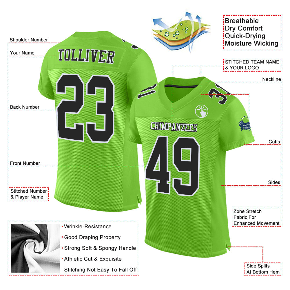 Custom Neon Green Black-White Mesh Authentic Football Jersey