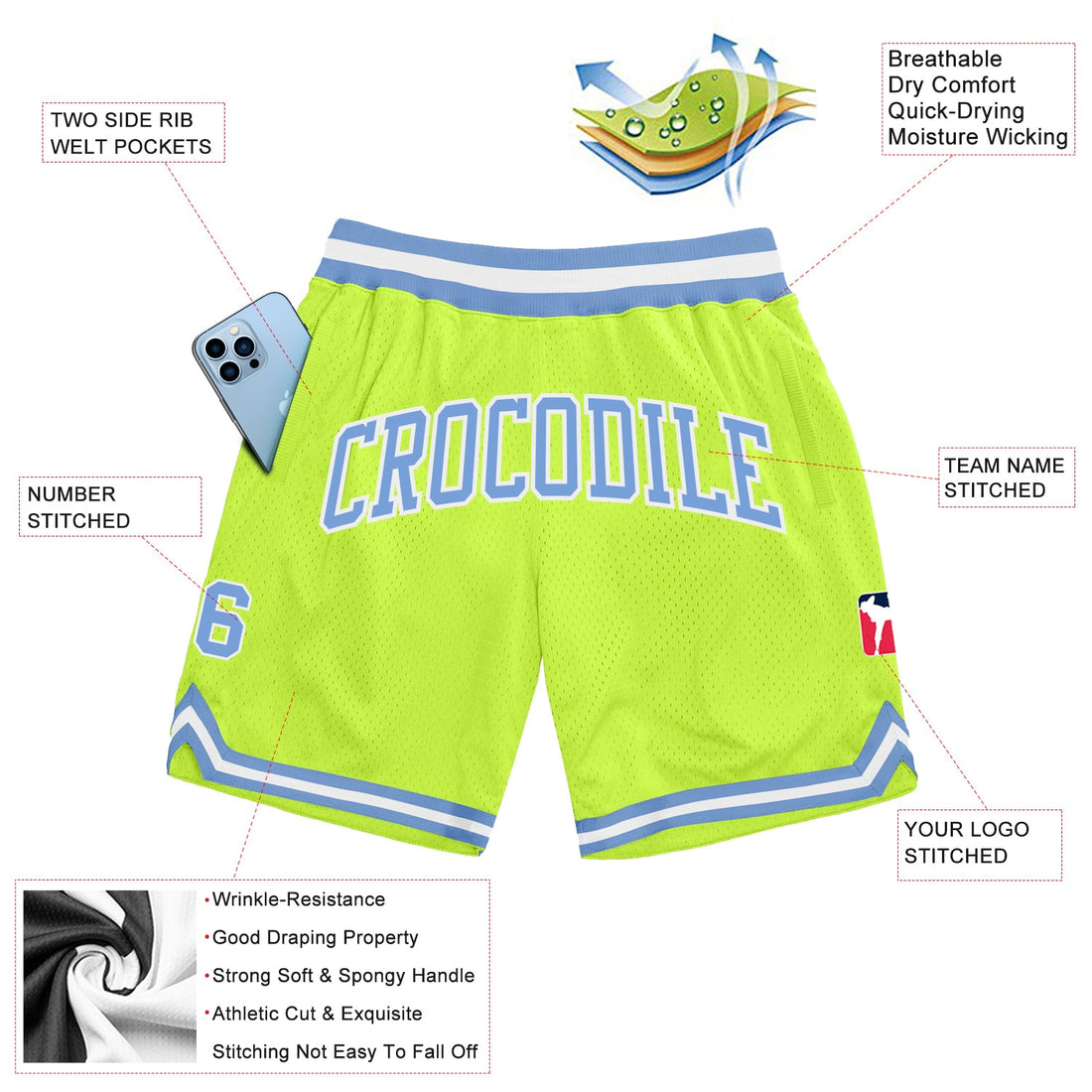 Custom Neon Green Light Blue-White Authentic Throwback Basketball Shorts