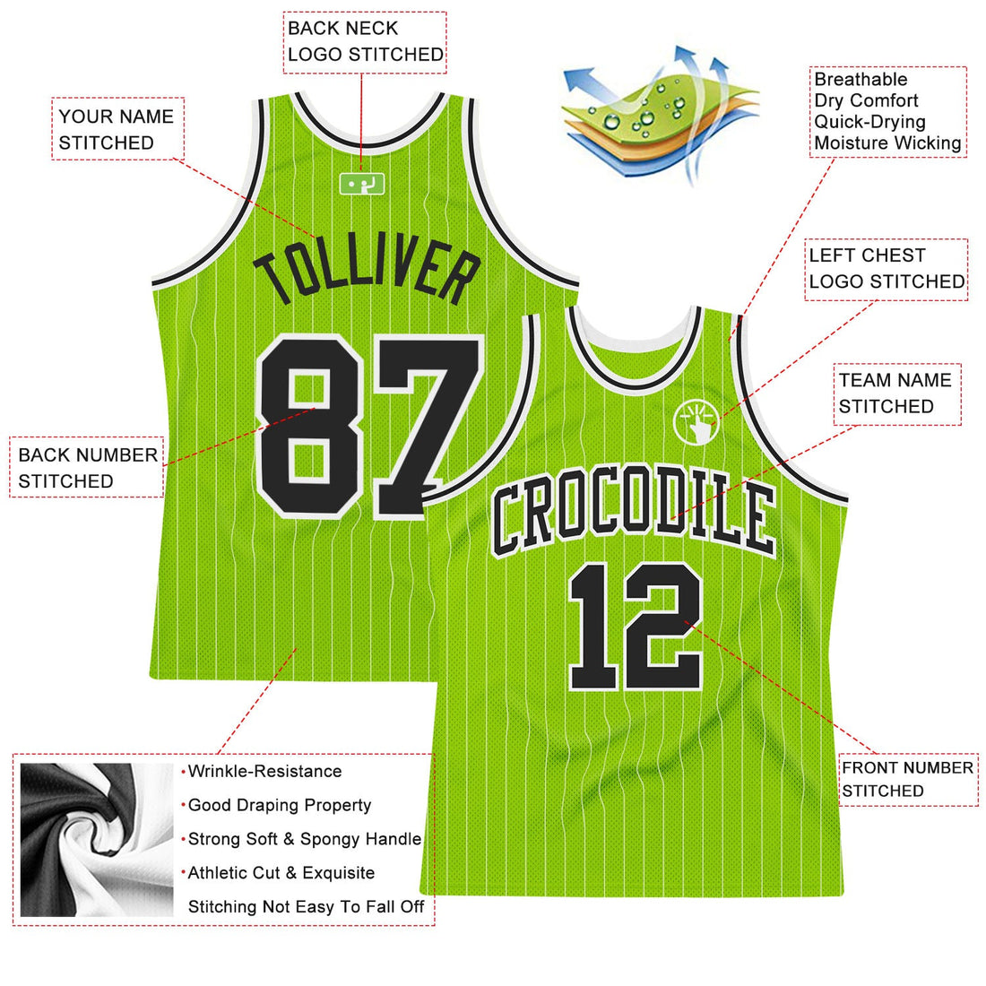 Custom Neon Green White Pinstripe Black-White Authentic Basketball Jersey