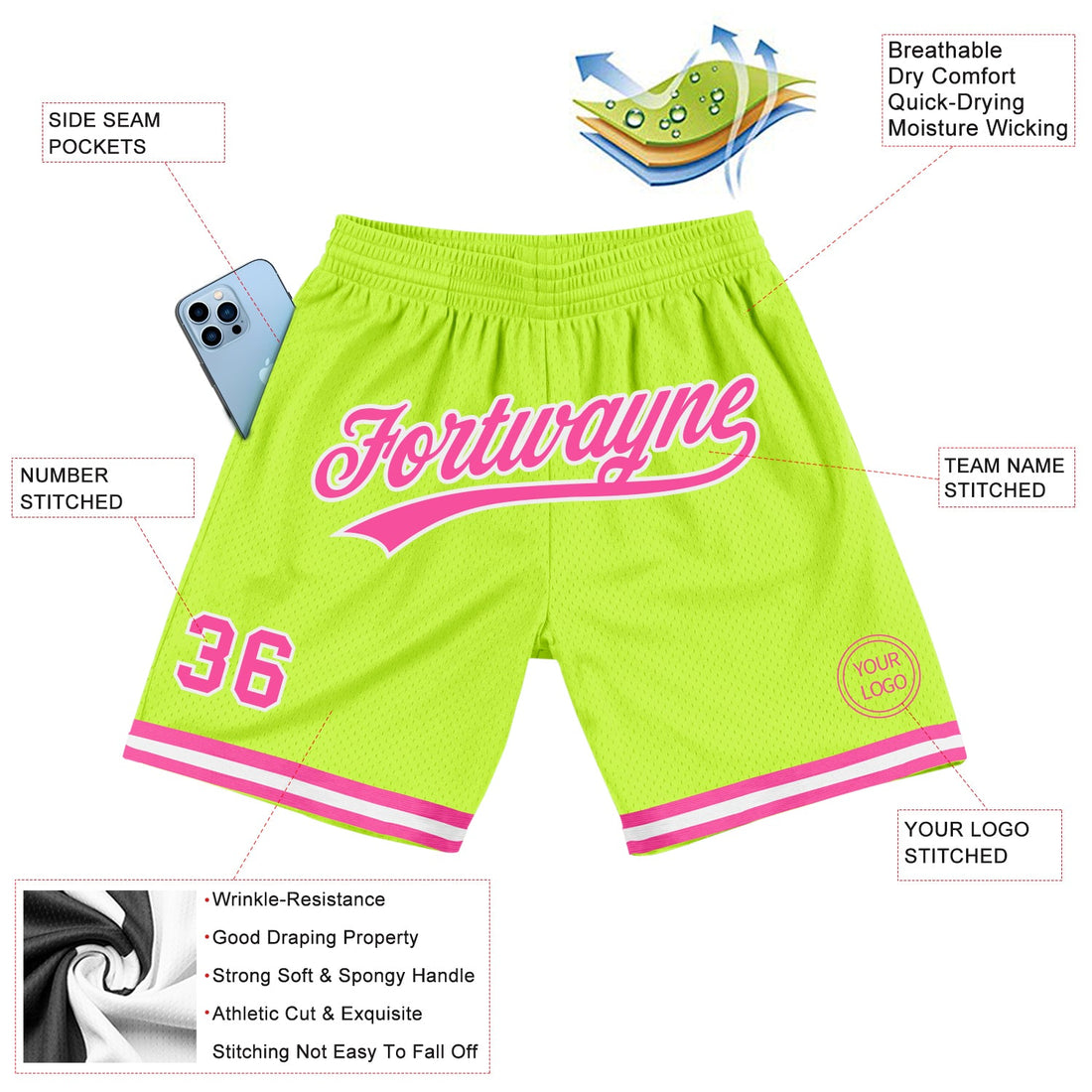 Custom Neon Green Pink-White Authentic Throwback Basketball Shorts