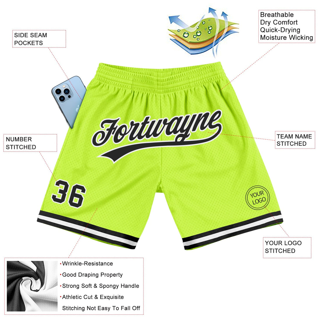 Custom Neon Green Black-White Authentic Throwback Basketball Shorts