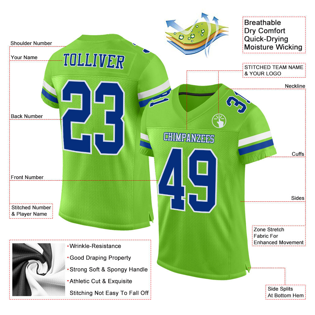 Custom Neon Green Royal-White Mesh Authentic Football Jersey