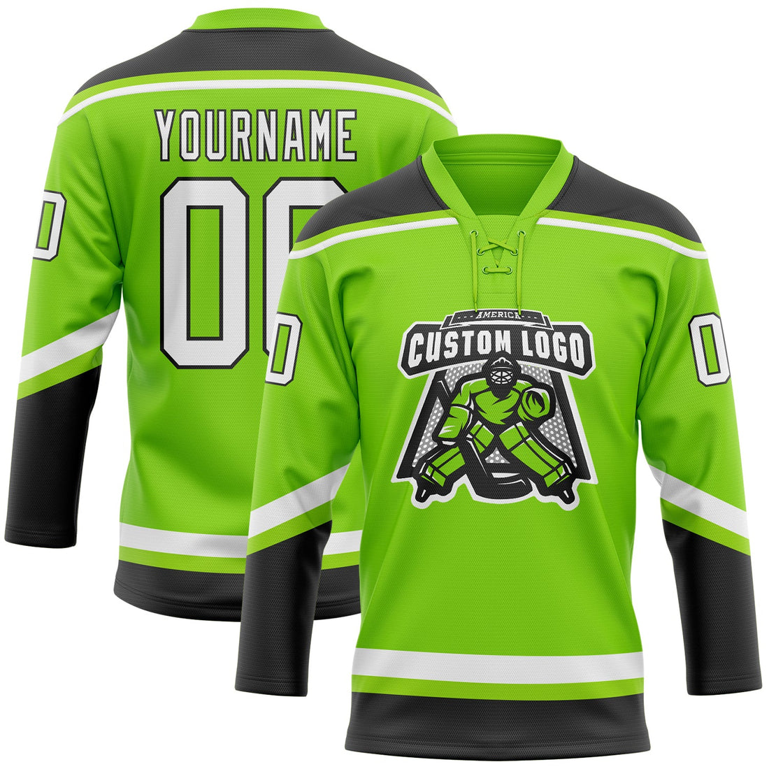 Custom Neon Green White-Black Hockey Lace Neck Jersey