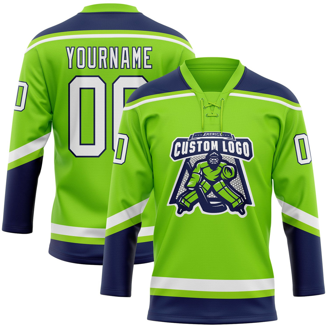 Custom Neon Green White-Navy Hockey Lace Neck Jersey