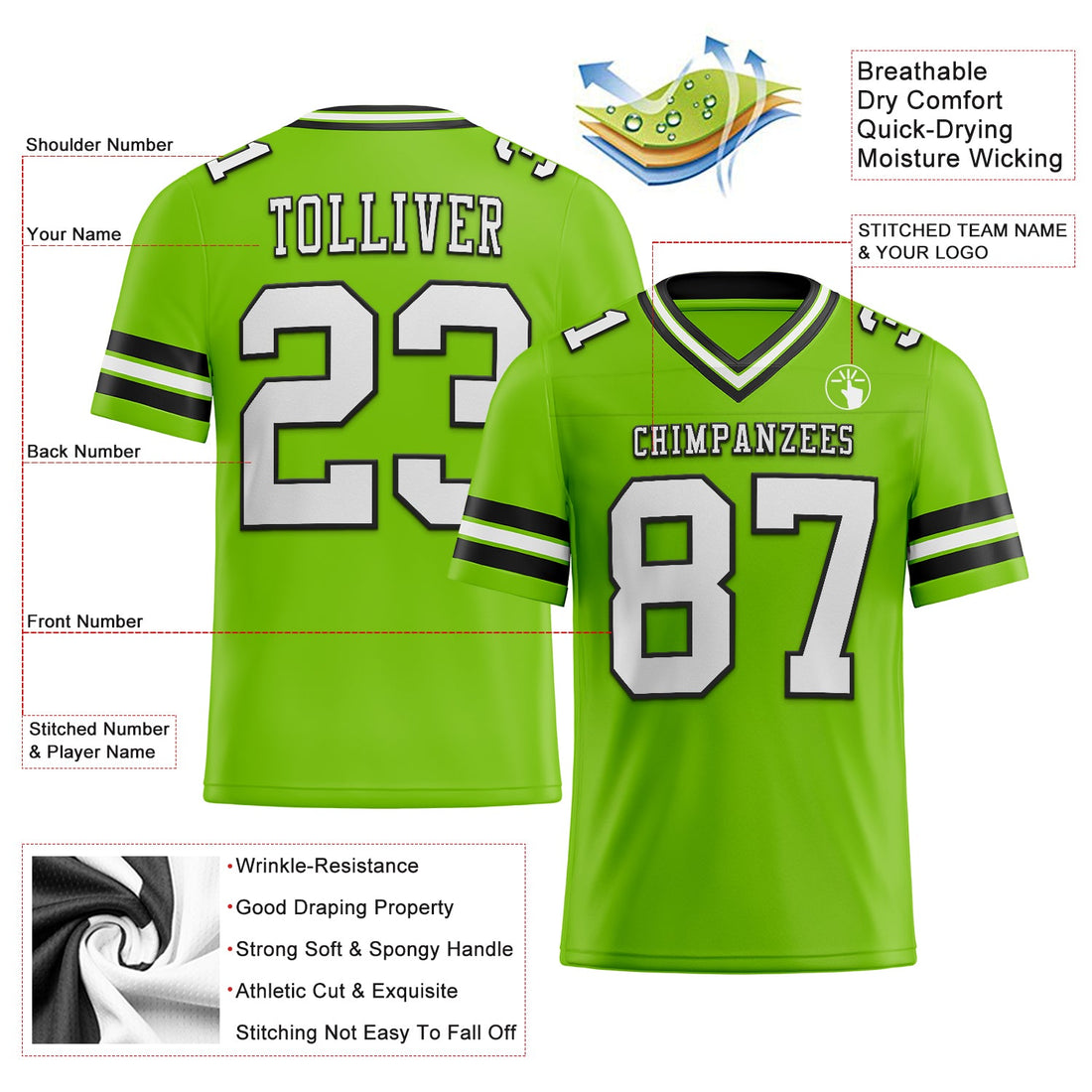 Custom Neon Green White-Black Mesh Authentic Football Jersey