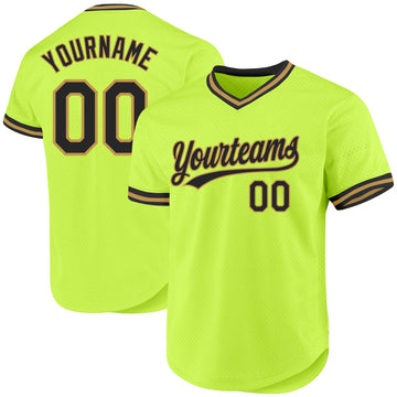 Custom Neon Green Black-Old Gold Authentic Throwback Baseball Jersey