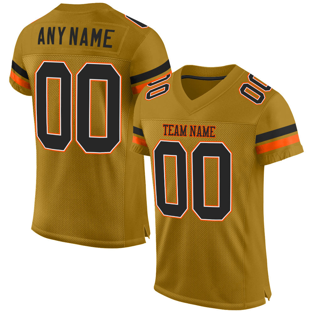 Custom Old Gold Black-Orange Mesh Authentic Football Jersey