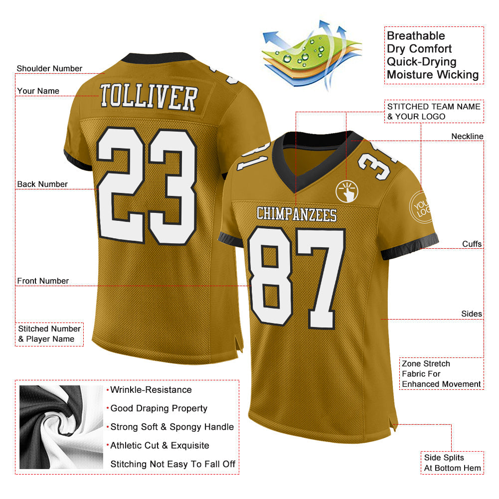 Custom Old Gold White-Black Mesh Authentic Football Jersey