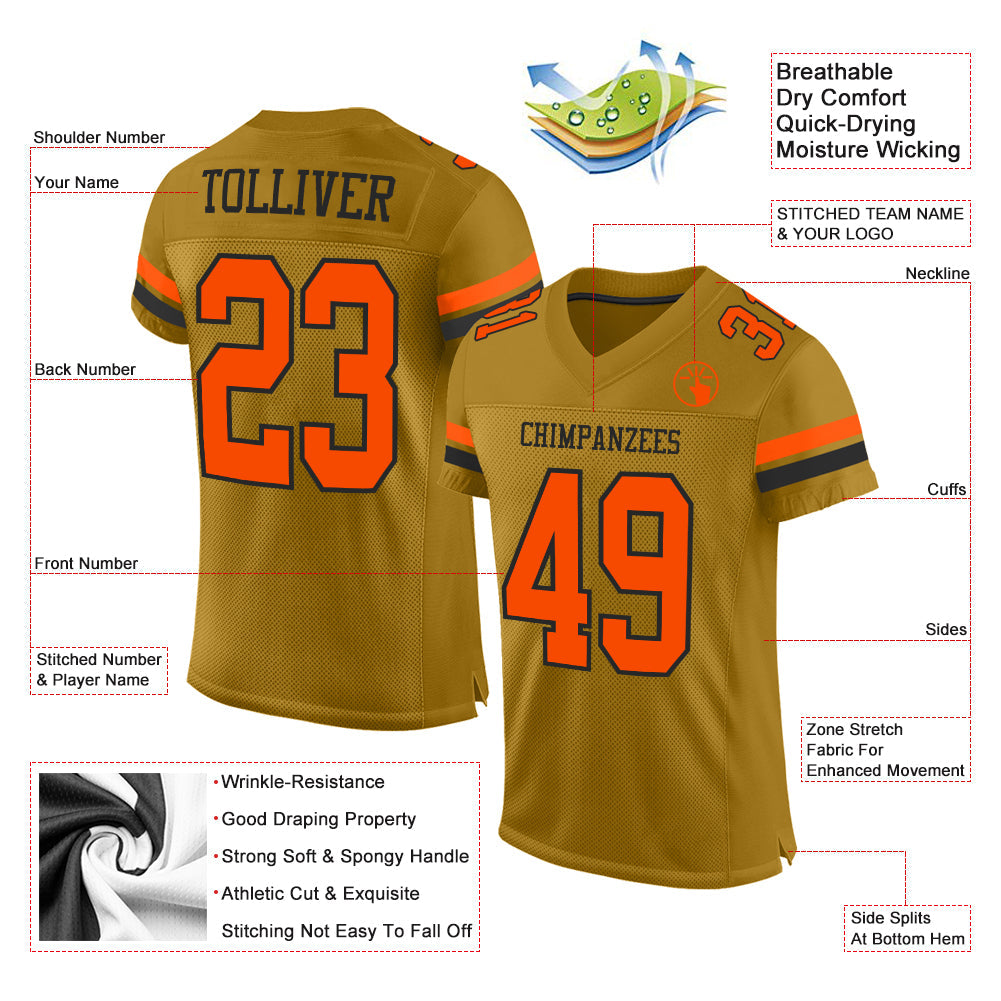 Custom Old Gold Orange-Black Mesh Authentic Football Jersey