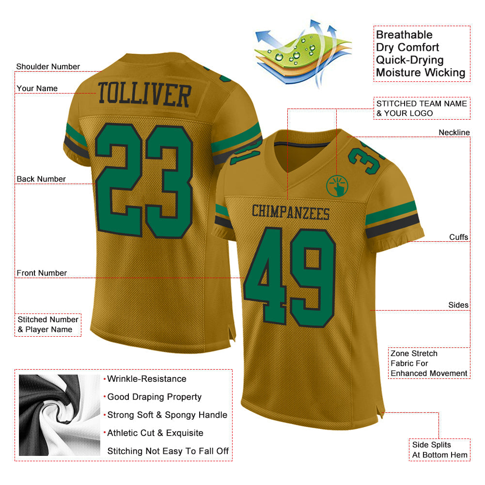 Custom Old Gold Kelly Green-Black Mesh Authentic Football Jersey