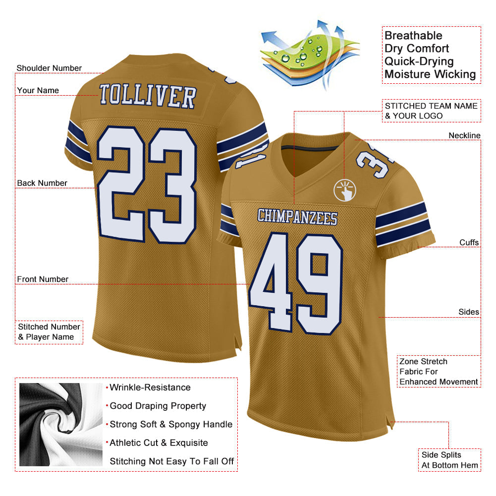 Custom Old Gold White-Navy Mesh Authentic Football Jersey