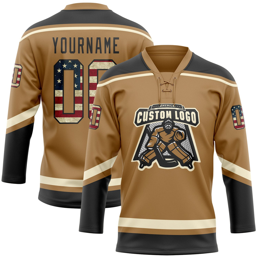 Custom Old Gold Vintage USA Flag Black-Cream Hockey Lace Neck Jersey