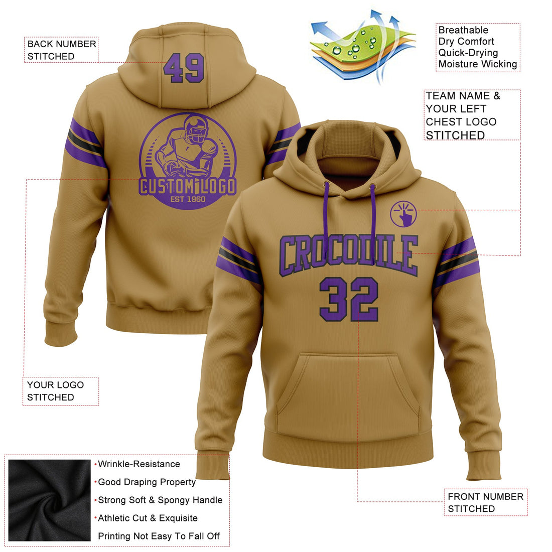 Custom Stitched Old Gold Purple-Black Football Pullover Sweatshirt Hoodie