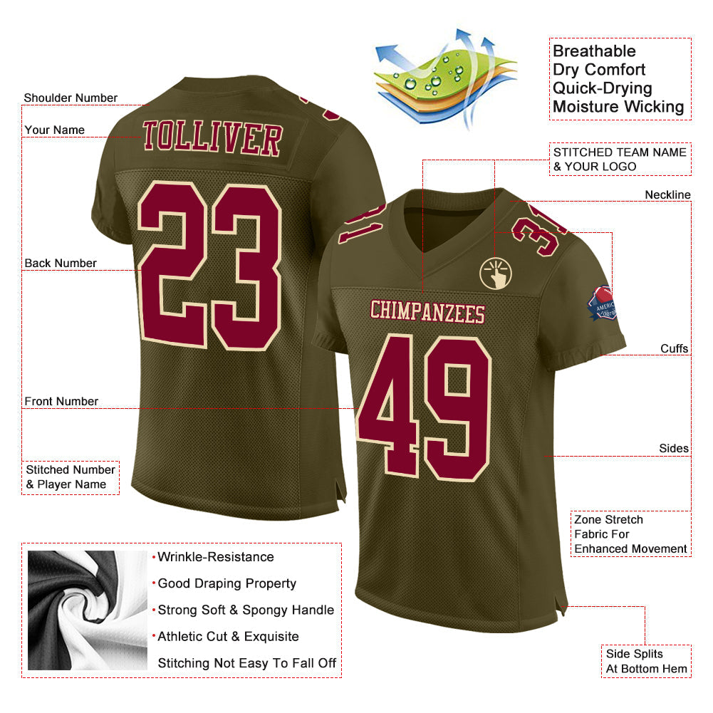 Custom Olive Maroon-Cream Mesh Authentic Salute To Service Football Jersey