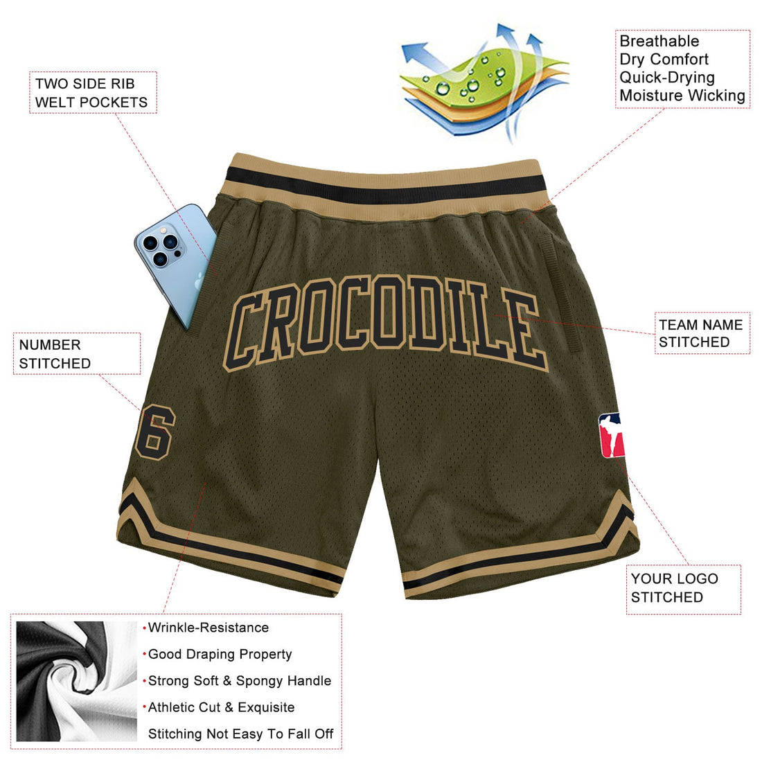 Custom Olive Black-Old Gold Authentic Throwback Salute To Service Basketball Shorts