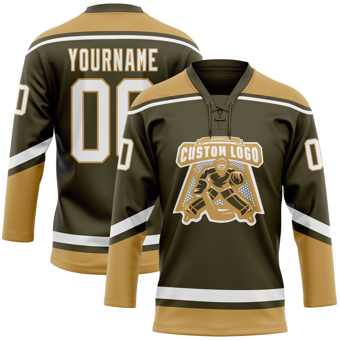 Custom Olive White-Old Gold Salute To Service Hockey Lace Neck Jersey