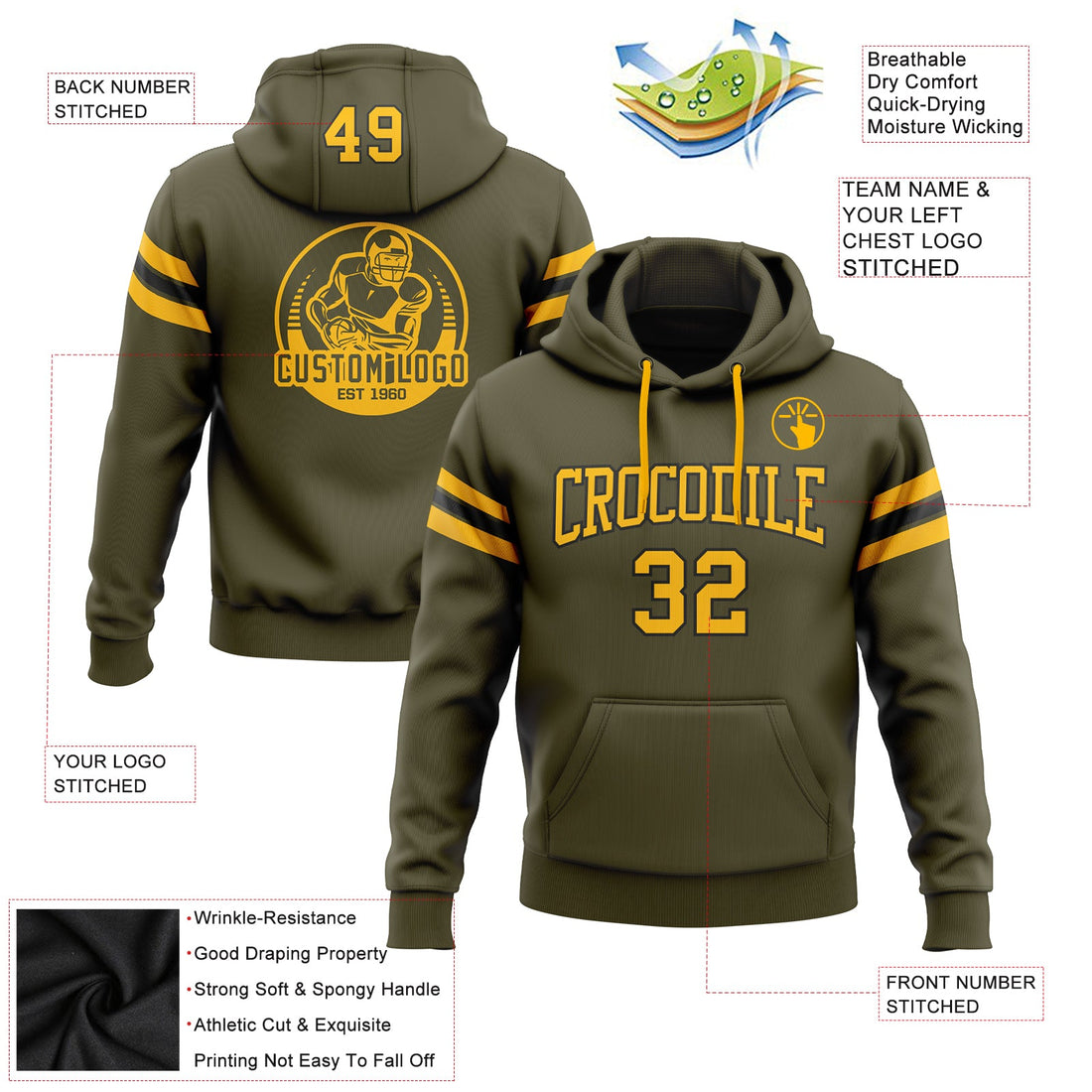 Custom Stitched Olive Gold-Black Football Pullover Sweatshirt Salute To Service Hoodie