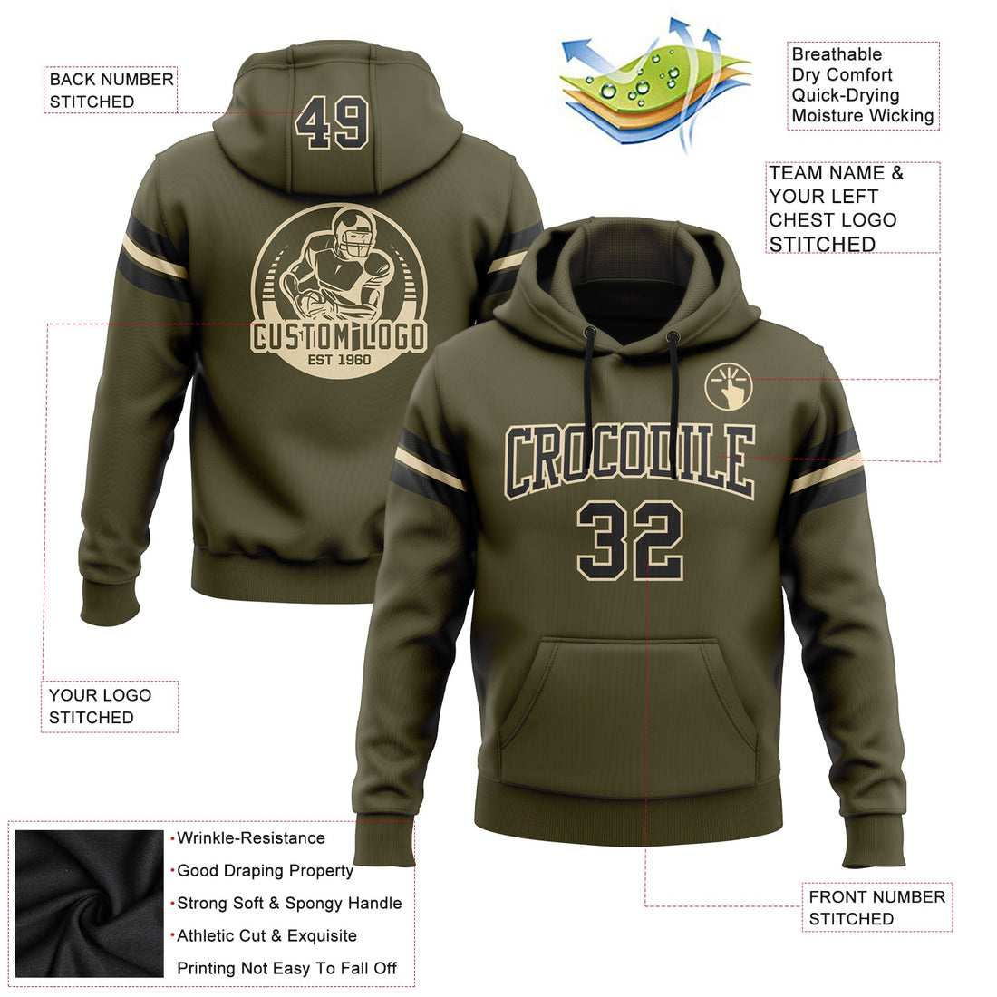 Custom Stitched Olive Black-City Cream Football Pullover Sweatshirt Salute To Service Hoodie