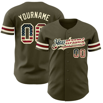 Custom Olive Vintage USA Flag Cream-Crimson Authentic Salute To Service Baseball Jersey