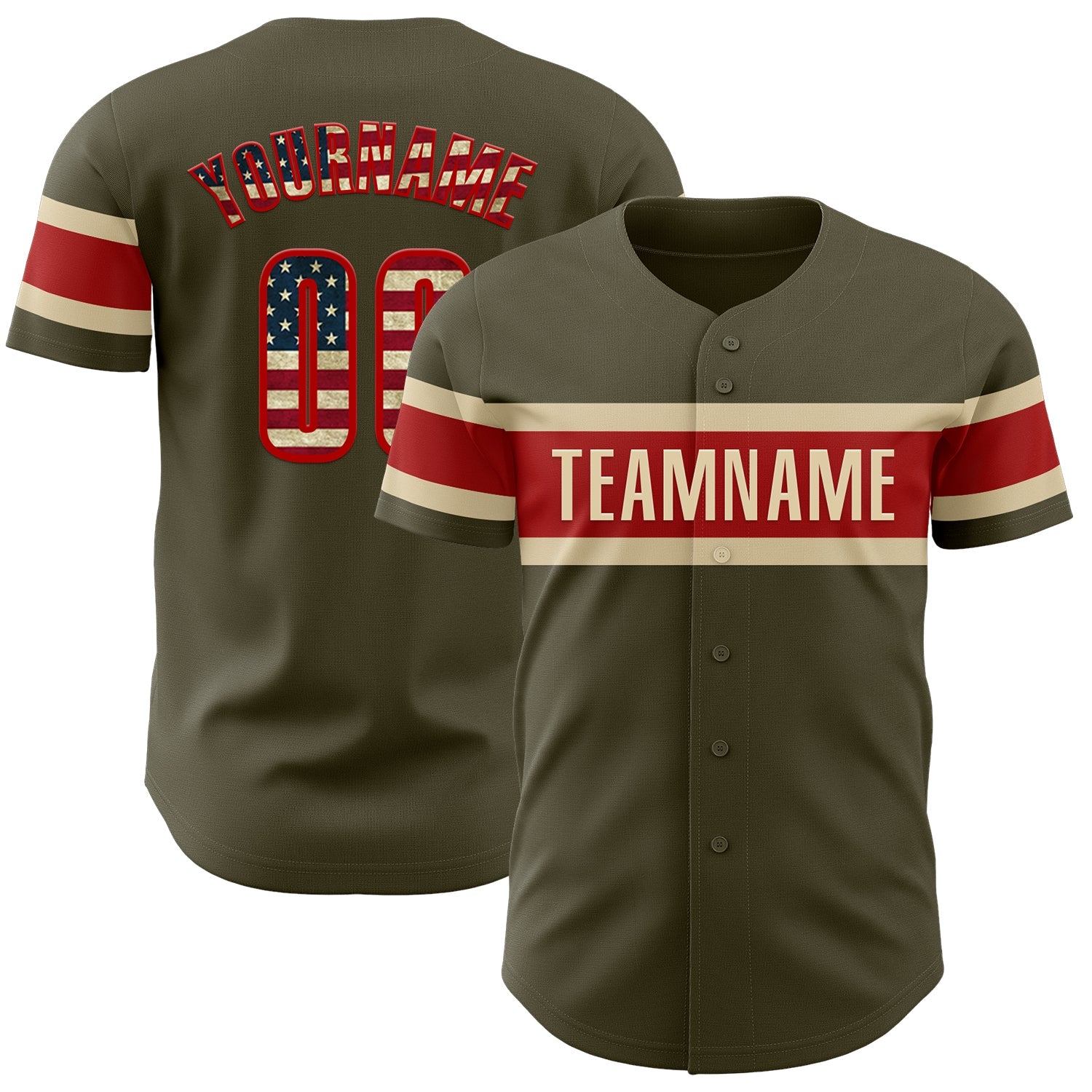 Custom Olive Vintage USA Flag Red-Cream Authentic Salute To Service Baseball Jersey