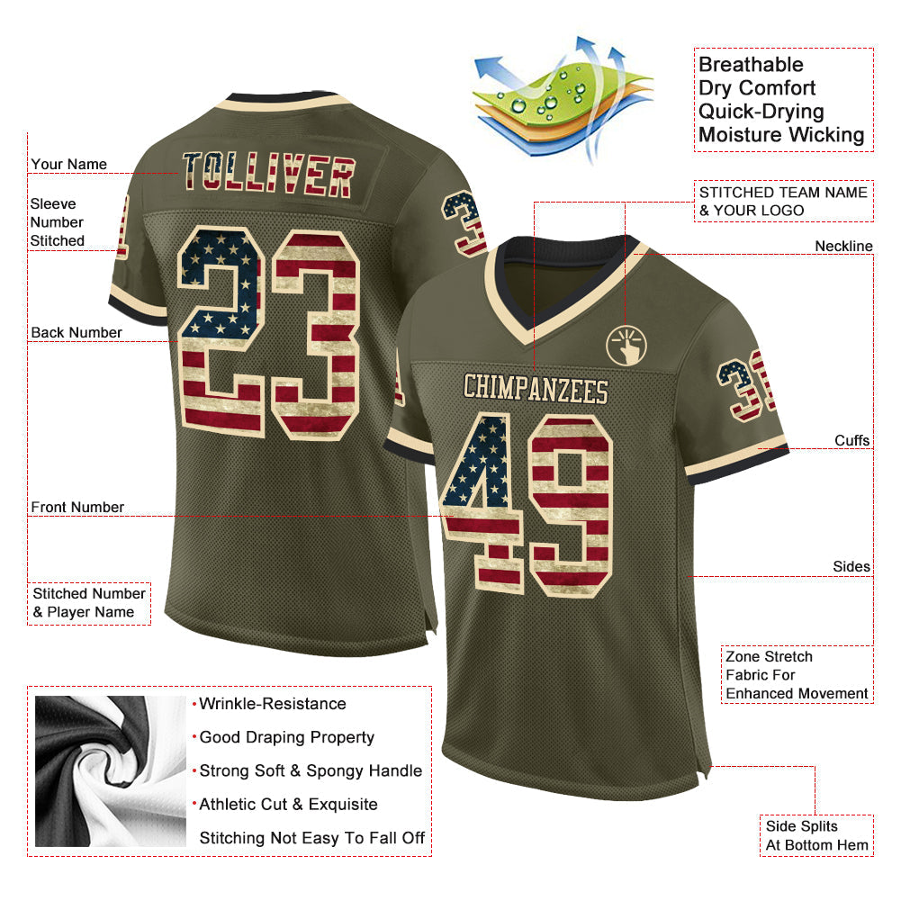 Custom Olive Vintage USA Flag Cream-Black Mesh Authentic Throwback Salute To Service Football Jersey