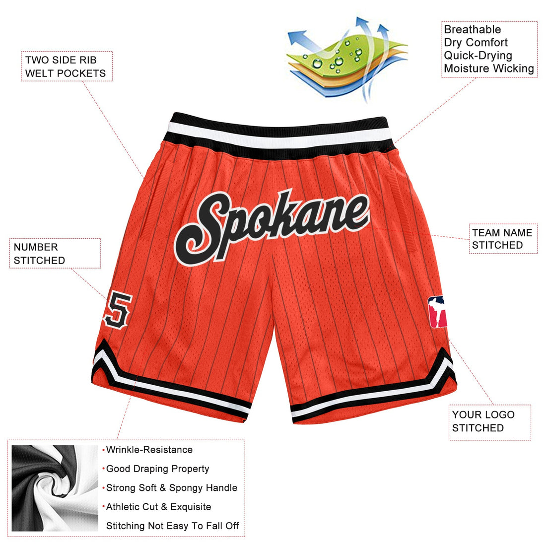 Custom Orange Black Pinstripe Black-White Authentic Basketball Shorts