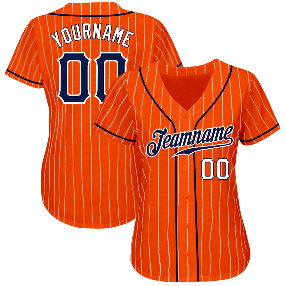 Custom Orange White Pinstripe Navy-White Authentic Baseball Jersey