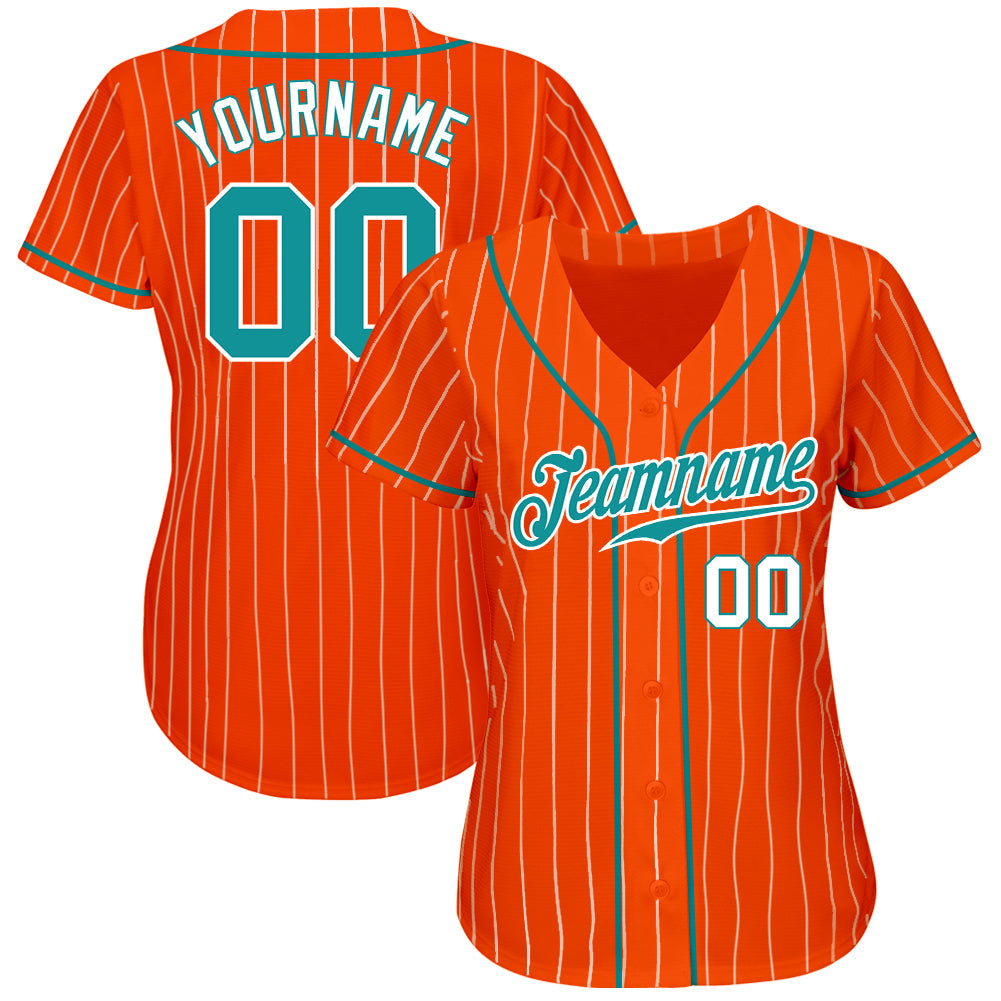 Custom Orange White Pinstripe Teal-White Authentic Baseball Jersey