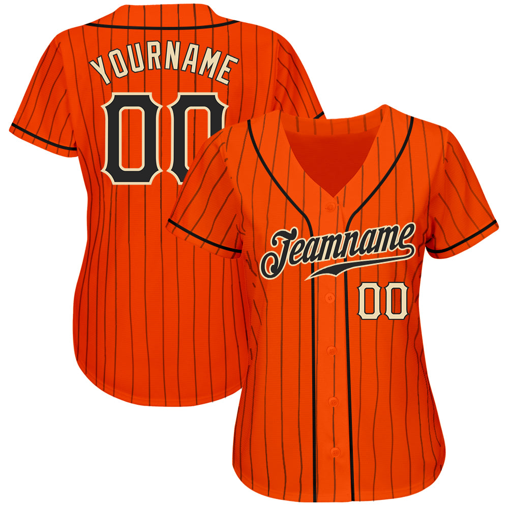 Custom Orange Black Pinstripe Black-Cream Authentic Baseball Jersey