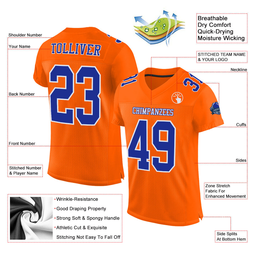 Custom Orange Royal-White Mesh Authentic Football Jersey