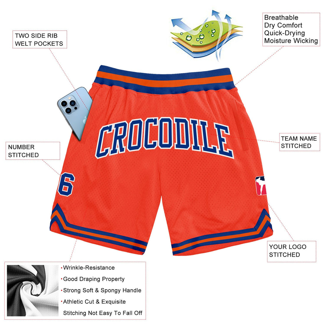 Custom Orange Royal-White Authentic Throwback Basketball Shorts